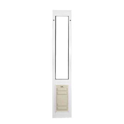 A white sliding glass door insert with a pet door.