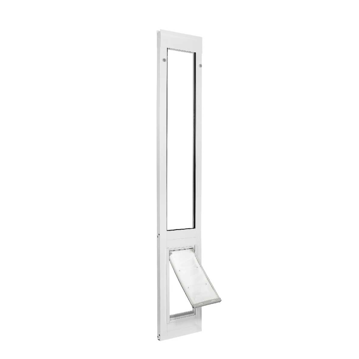 White sliding glass door insert with a pet door.