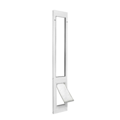 White sliding glass door insert with a pet door.
