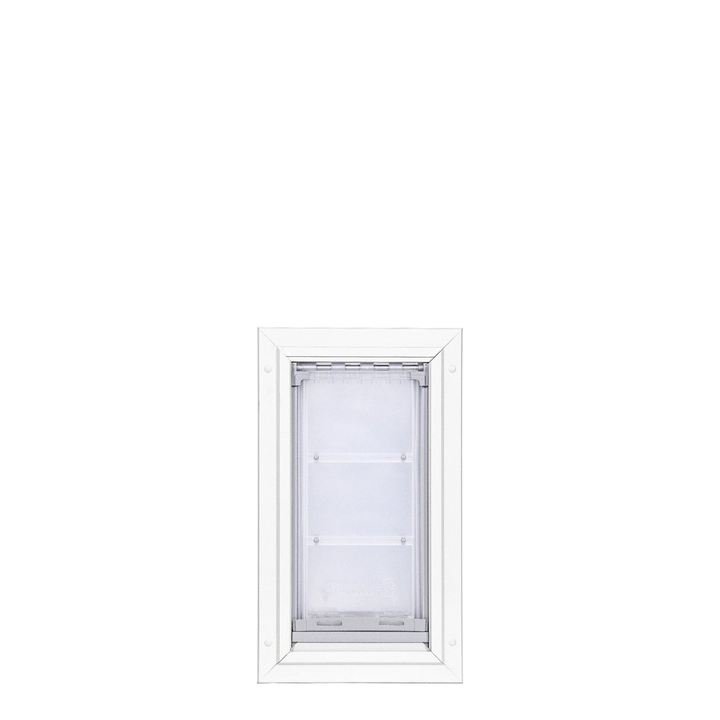 White-framed pet door with a translucent flap.