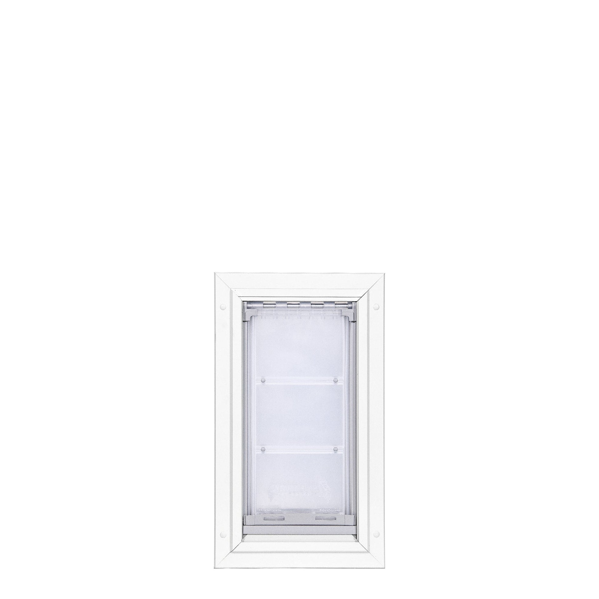 White-framed pet door with a translucent flap.