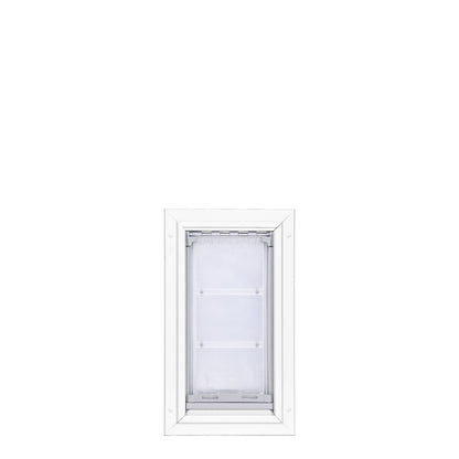 White-framed pet door with a translucent flap.
