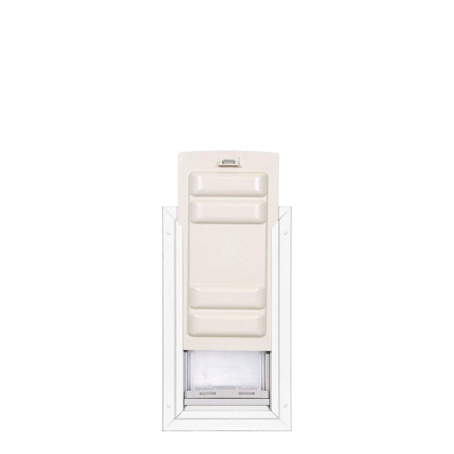 Beige and clear plastic dog door on a white background.
