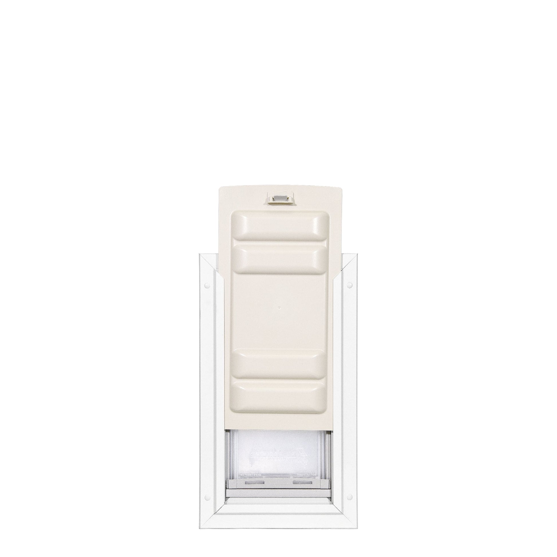 Beige and clear plastic dog door on a white background.