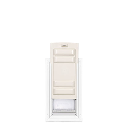 Beige and clear plastic dog door on a white background.
