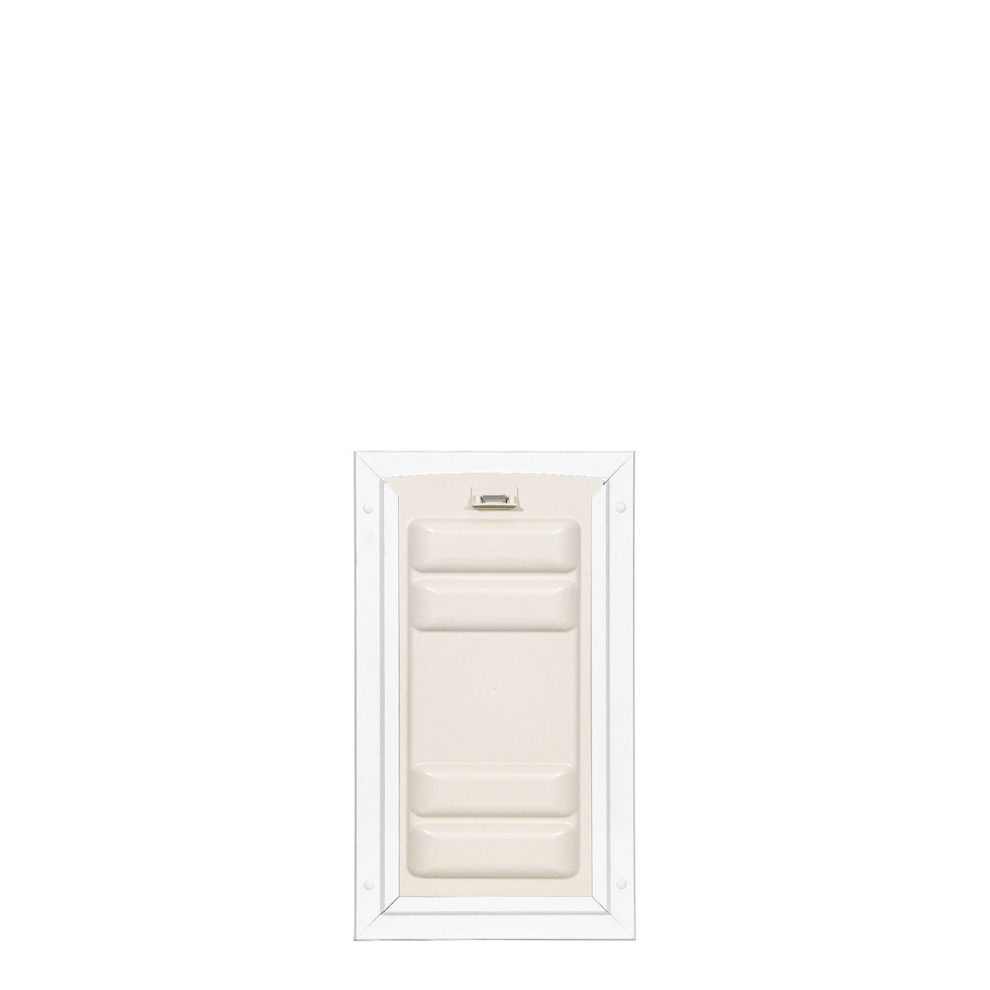 White-framed pet door with a closed beige flap.