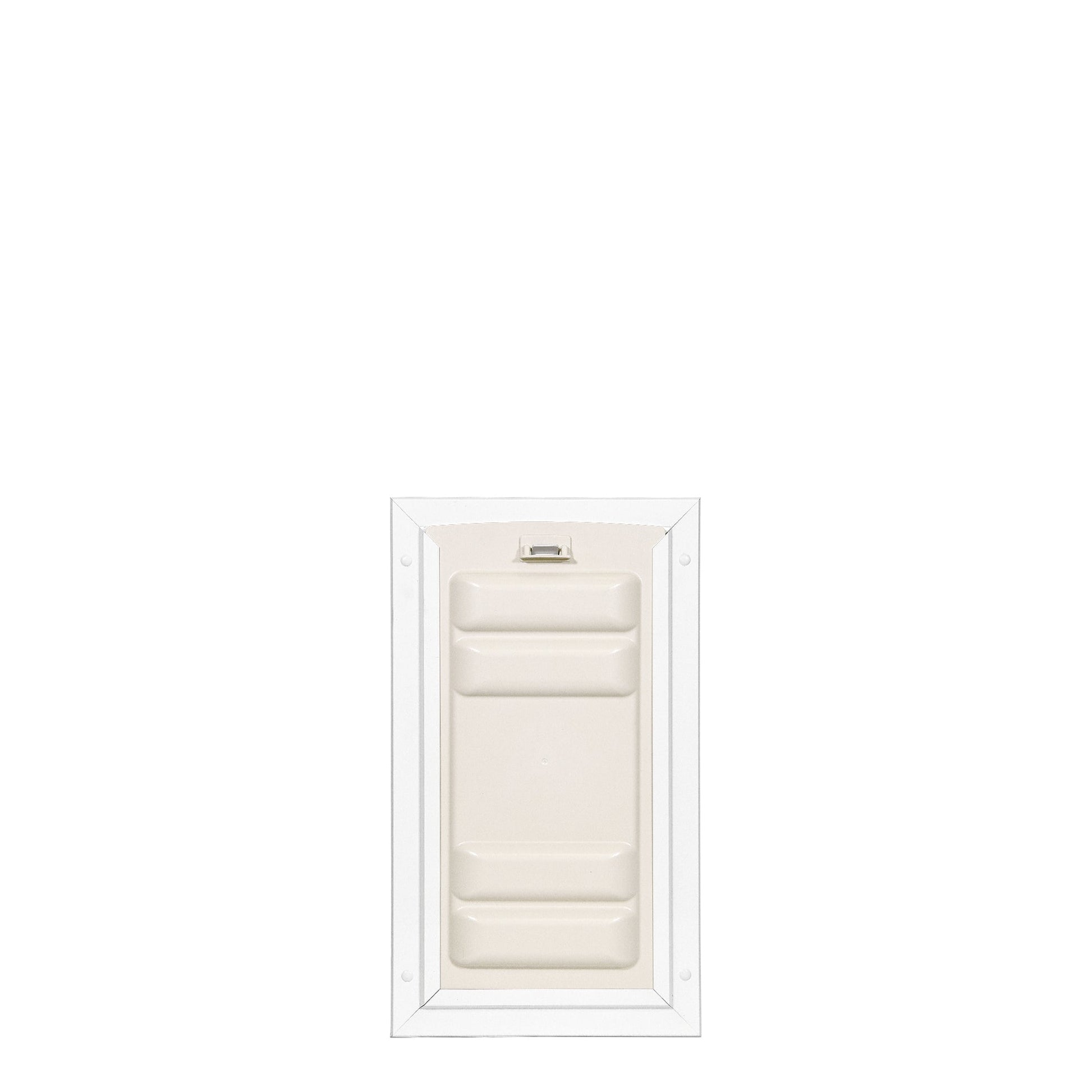 White-framed pet door with a closed beige flap.