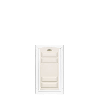 White-framed pet door with a closed beige flap.