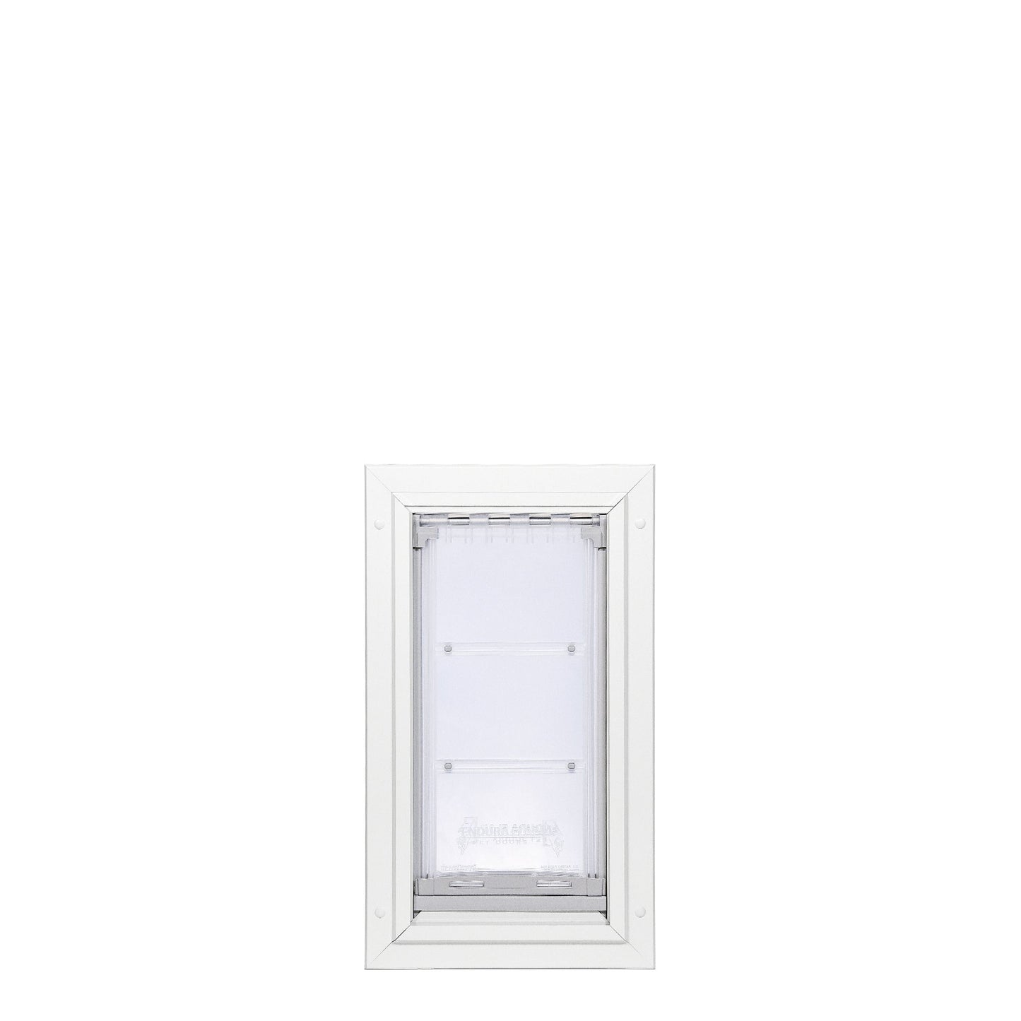 White-framed pet door on a white background.
