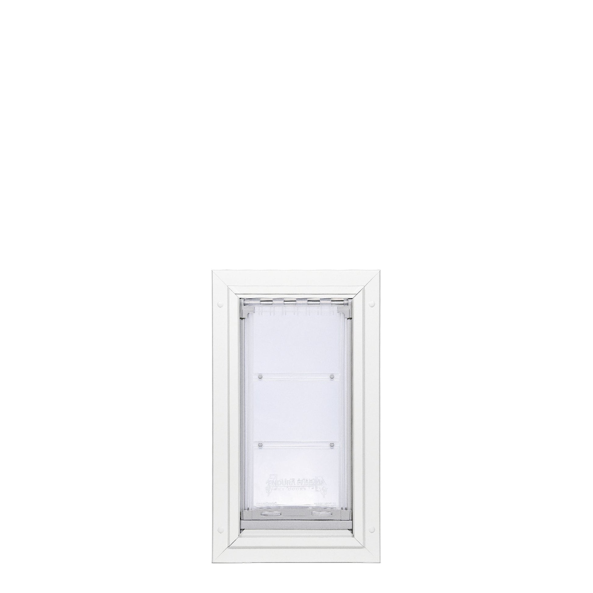 White-framed pet door on a white background.