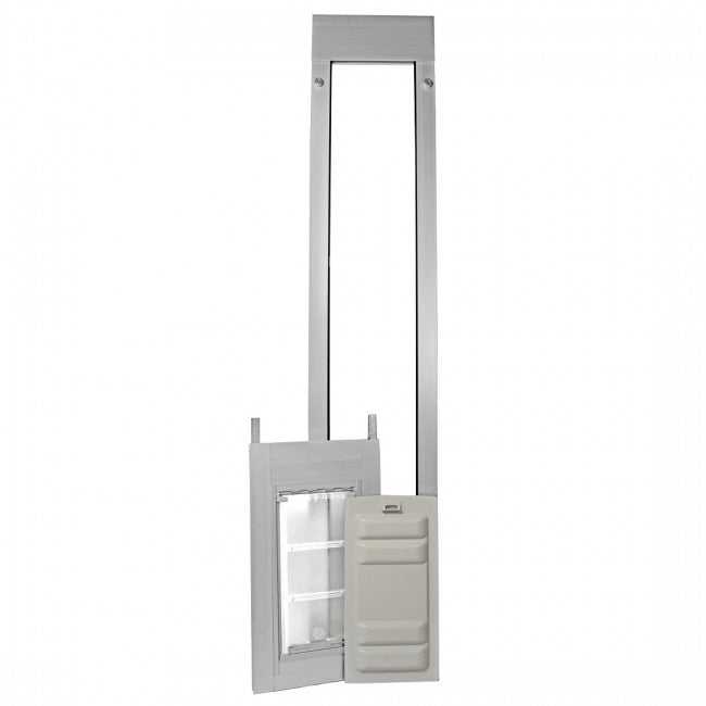 A vertical dog door insert for sliding glass doors.