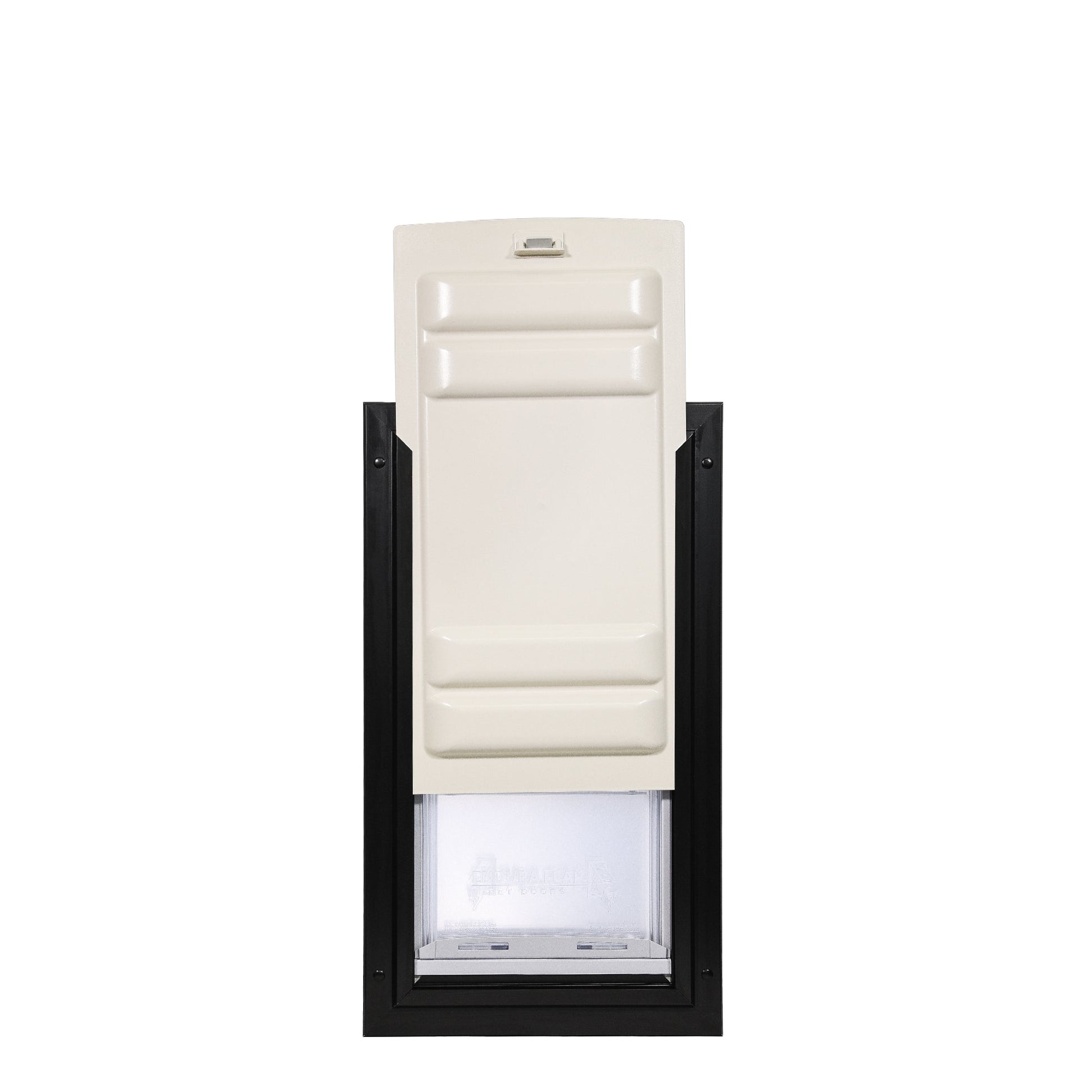 A pet door with a white panel partially covering the opening is set in a black frame.