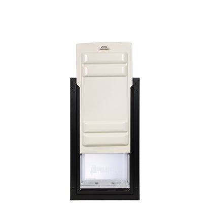 A pet door with a white panel partially covering the opening is set in a black frame.