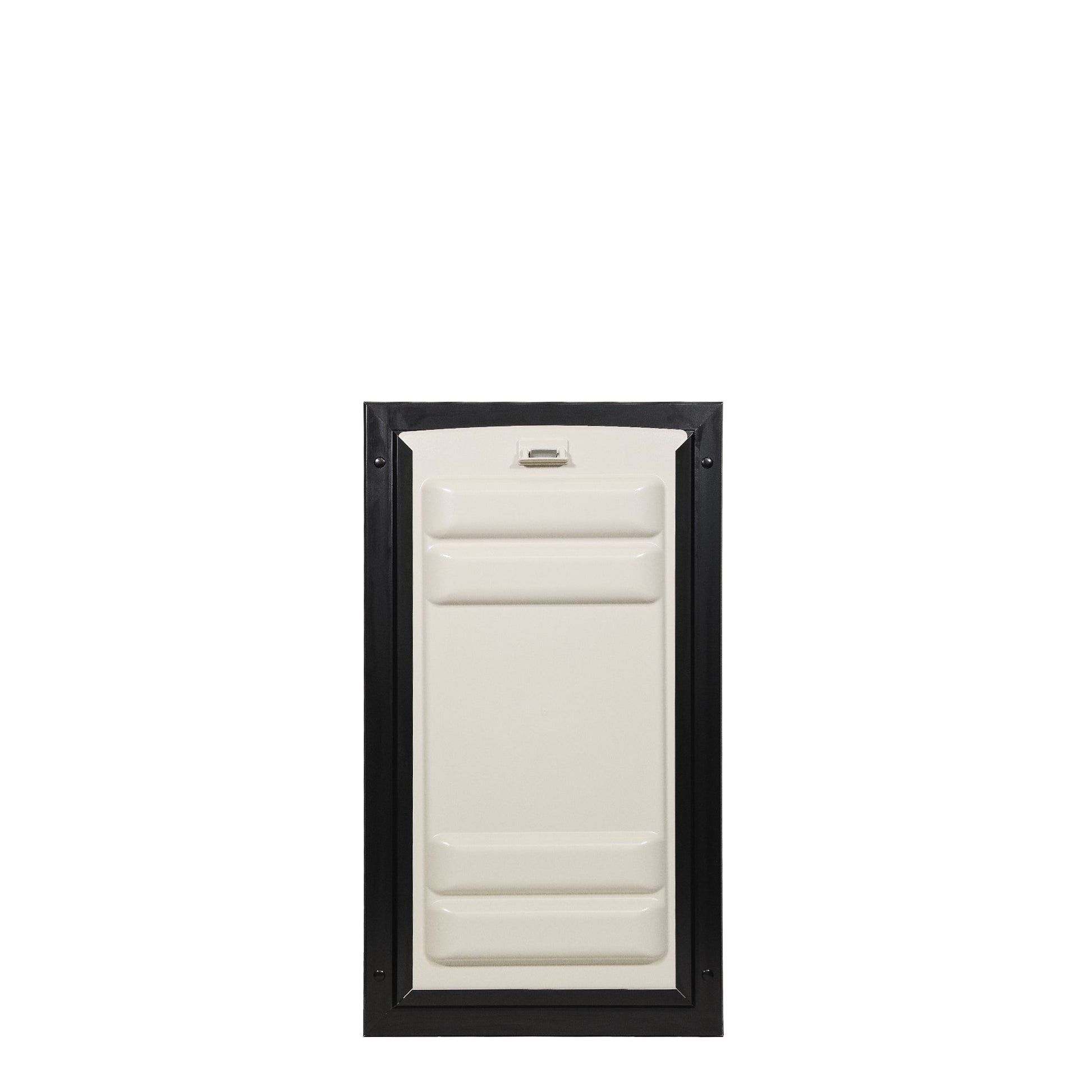 Beige pet door with a black frame on a white background.