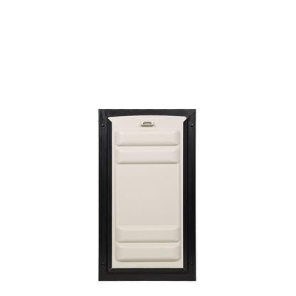 Beige pet door with a black frame on a white background.