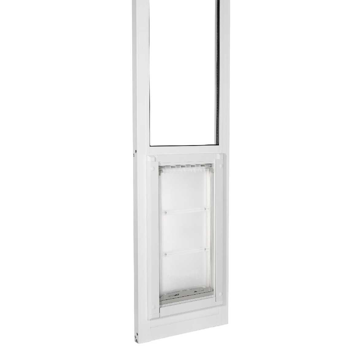White sliding glass door insert with a pet door.