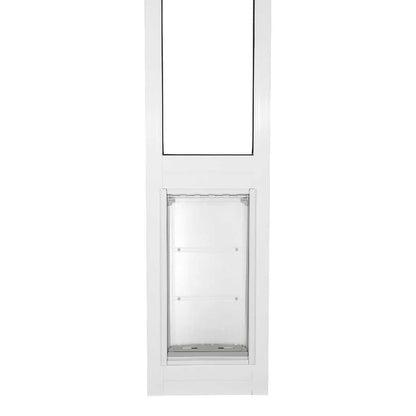 White pet door installed in a sliding glass door frame.