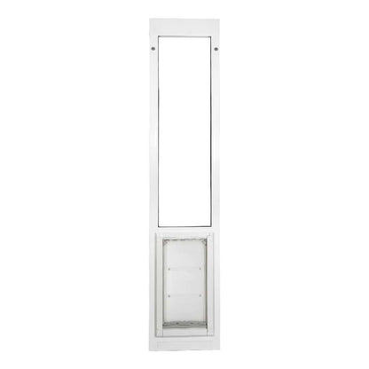White-framed sliding glass door insert with pet door.