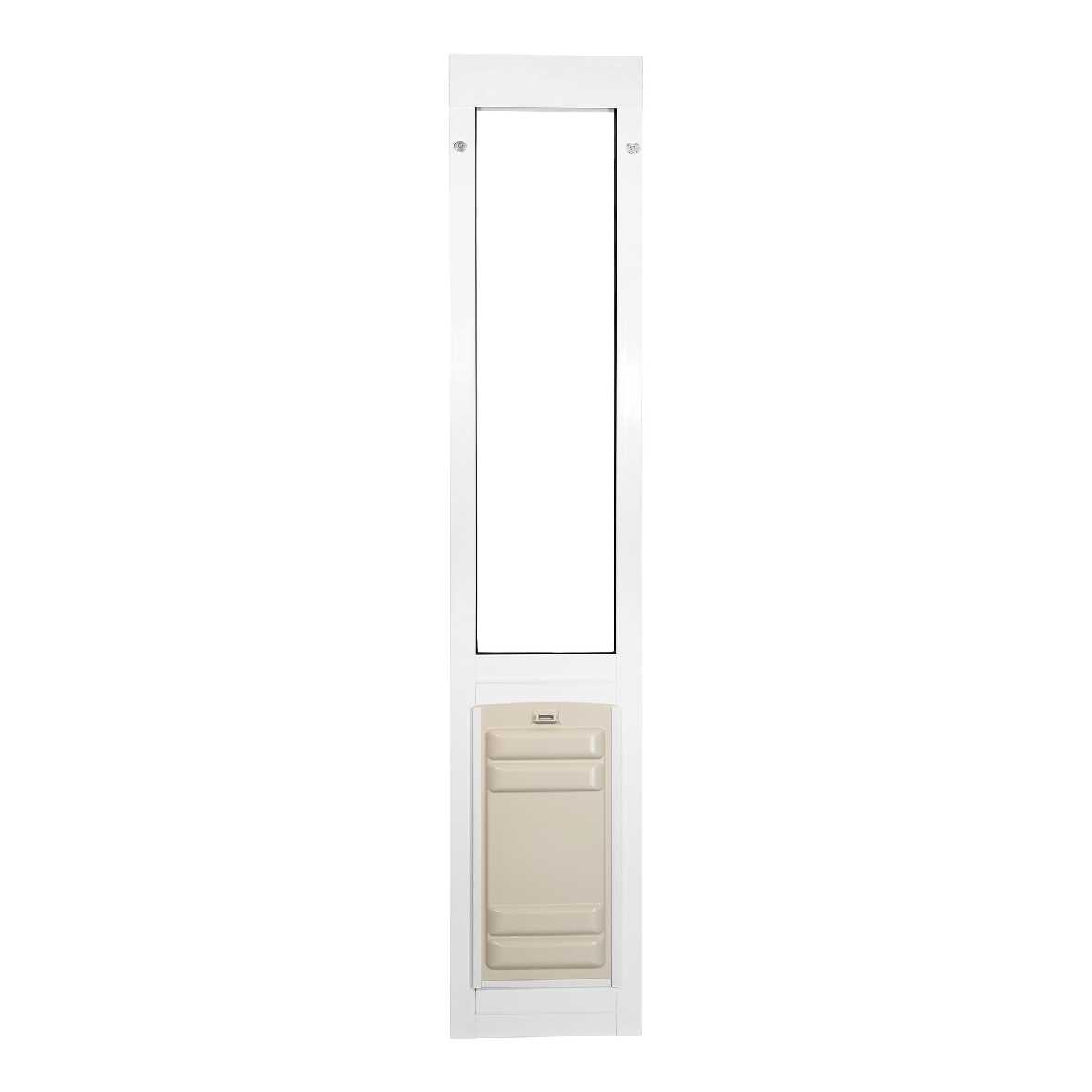 A white-framed pet door insert.