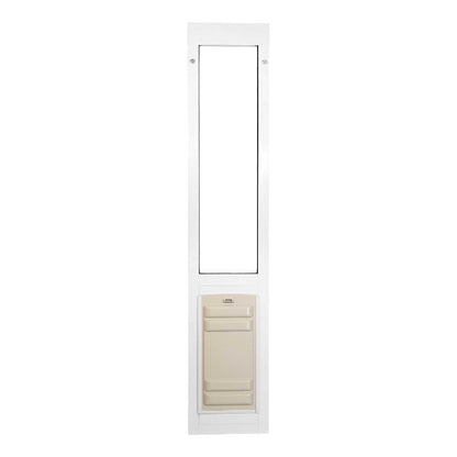 A white-framed pet door insert.