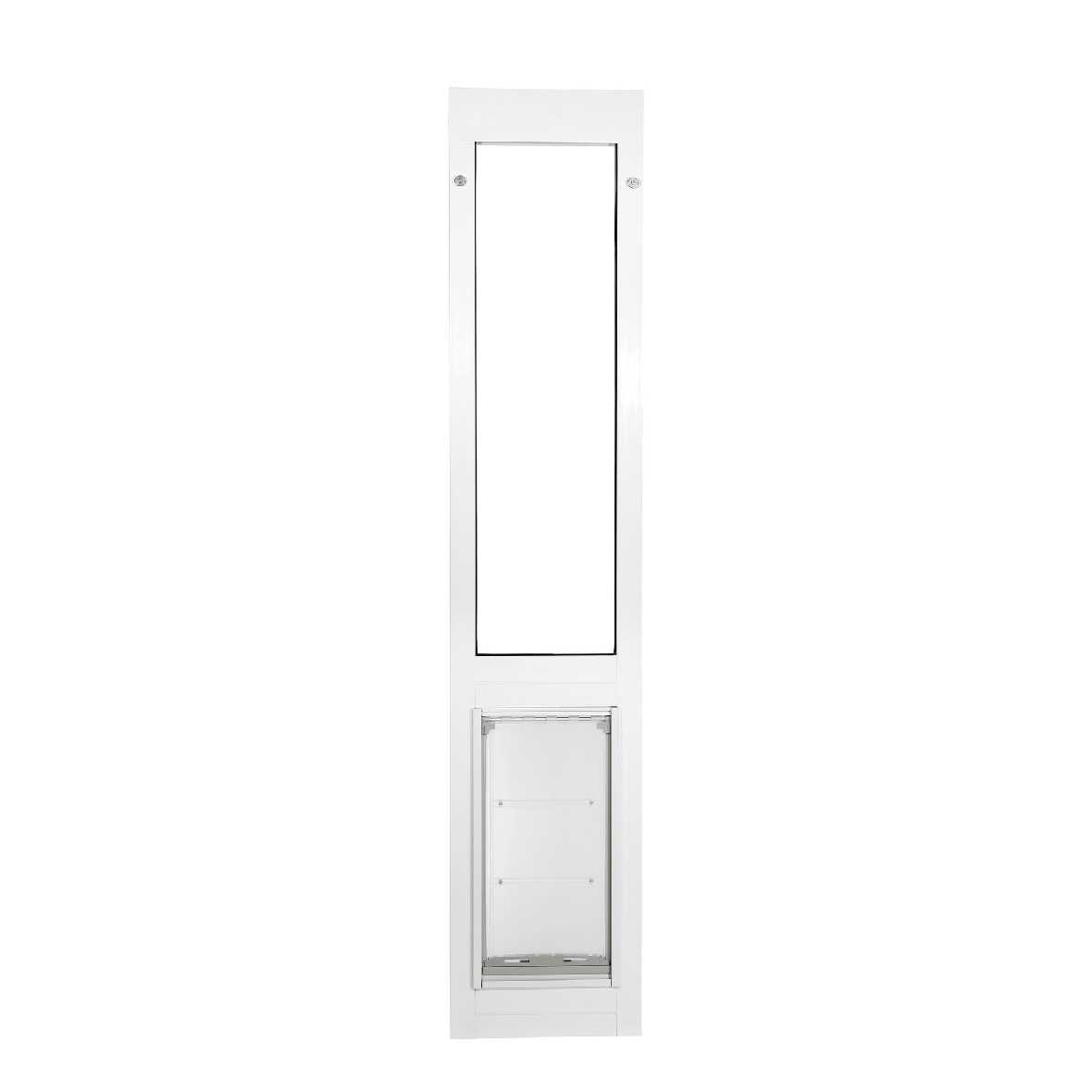A white sliding glass door insert with a pet door.