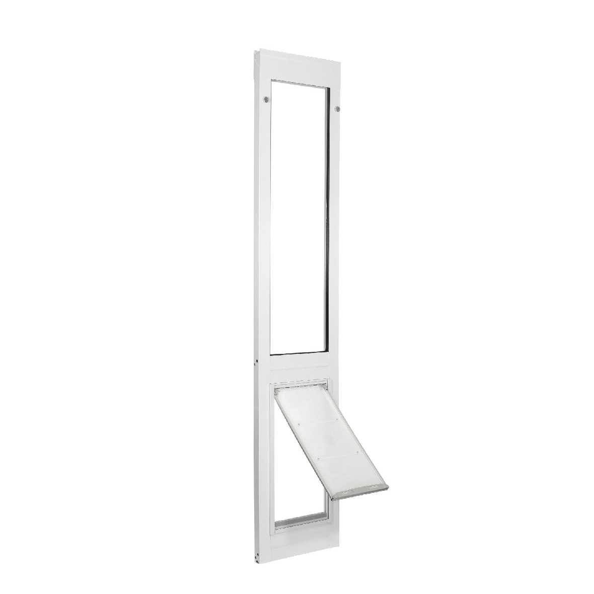 A white sliding glass door insert with a pet door at the bottom.