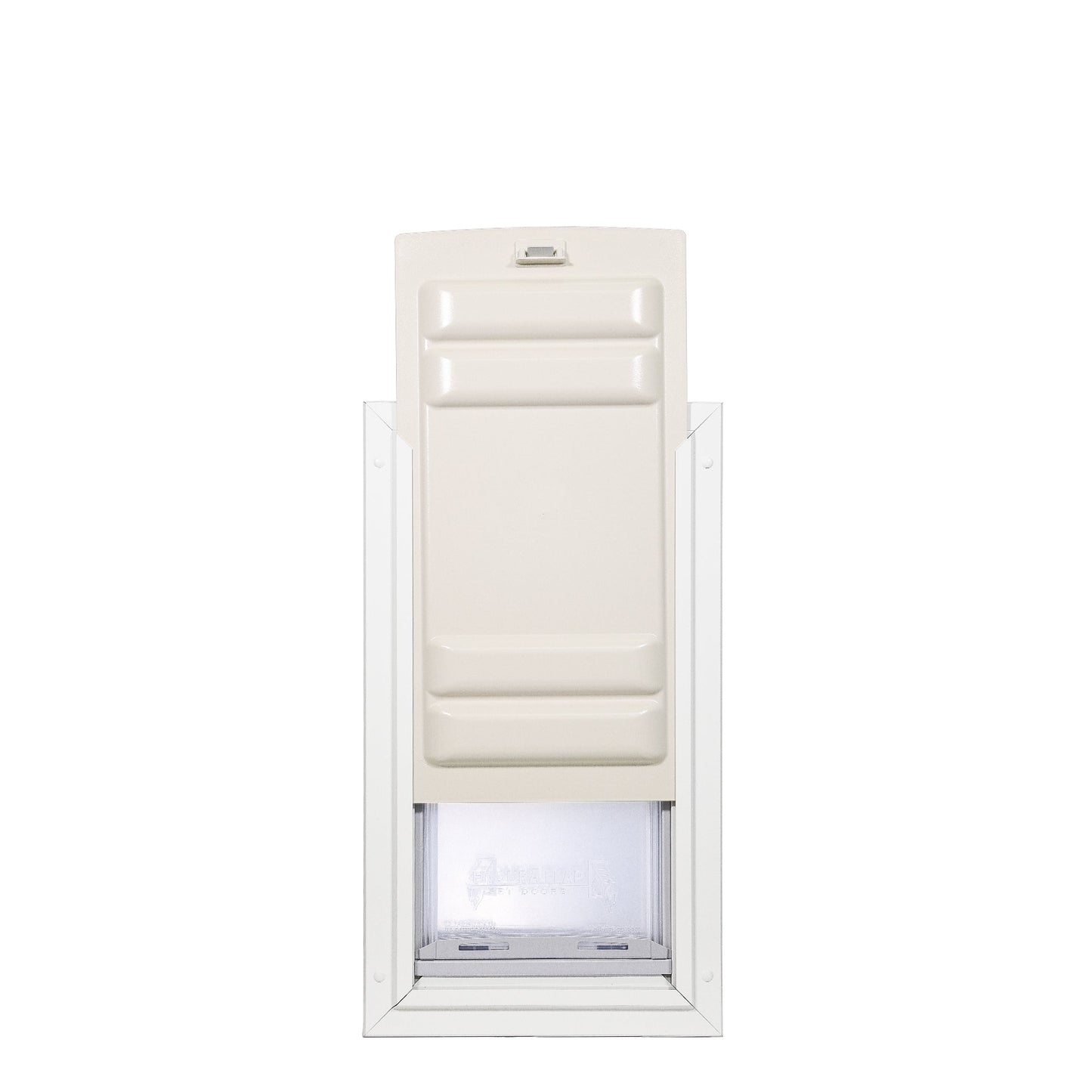 A white-framed pet door with a beige, ridged, slide-in panel.