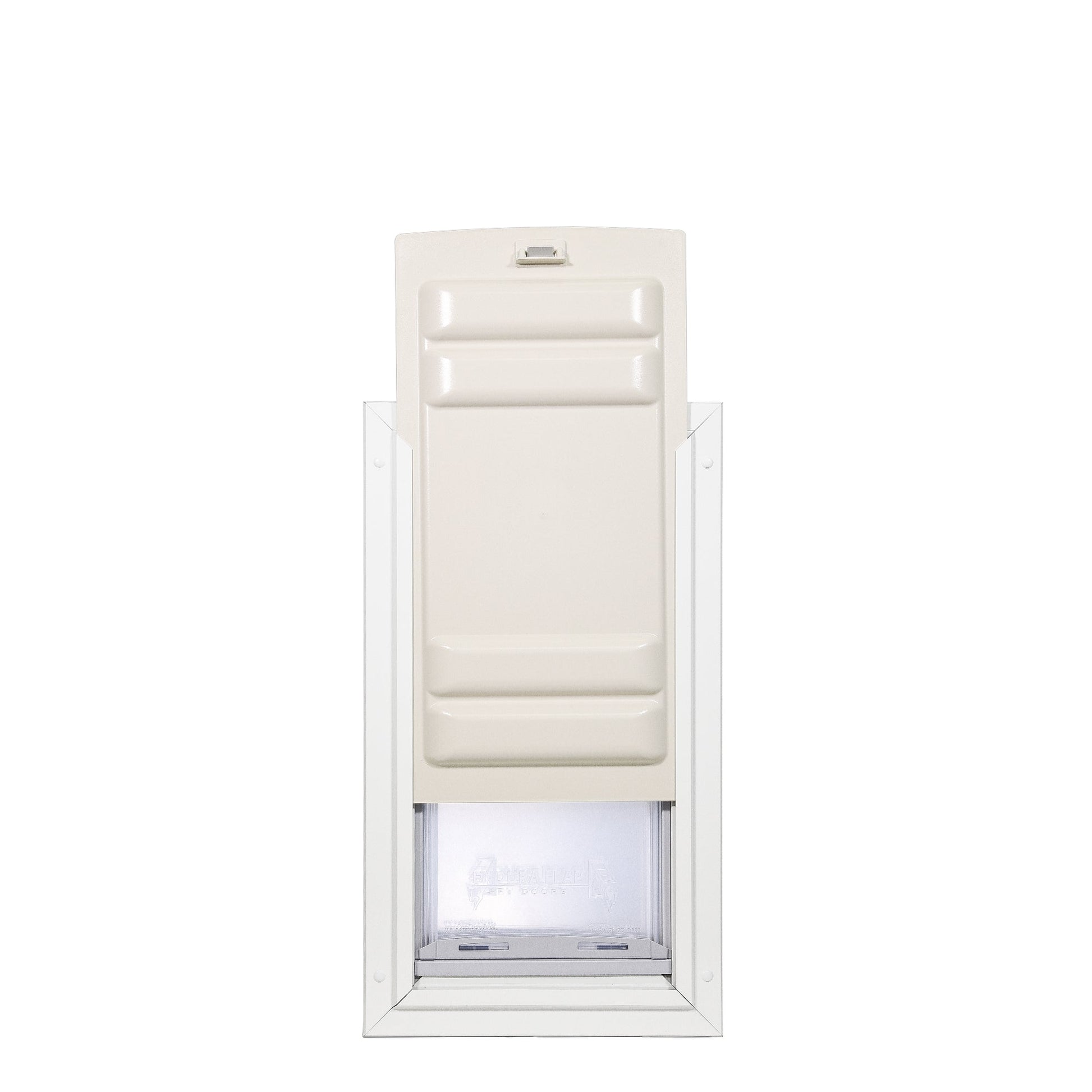 A white-framed pet door with a beige, ridged, slide-in panel.