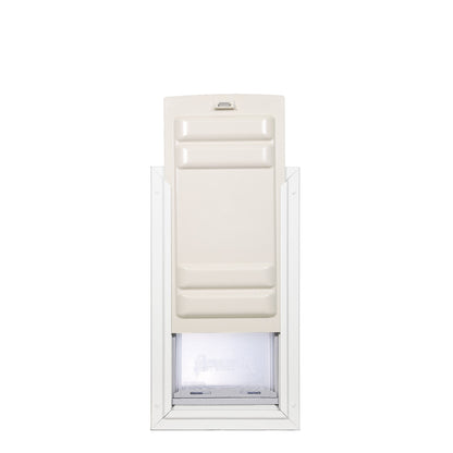 A white-framed pet door with a beige, ridged, slide-in panel.
