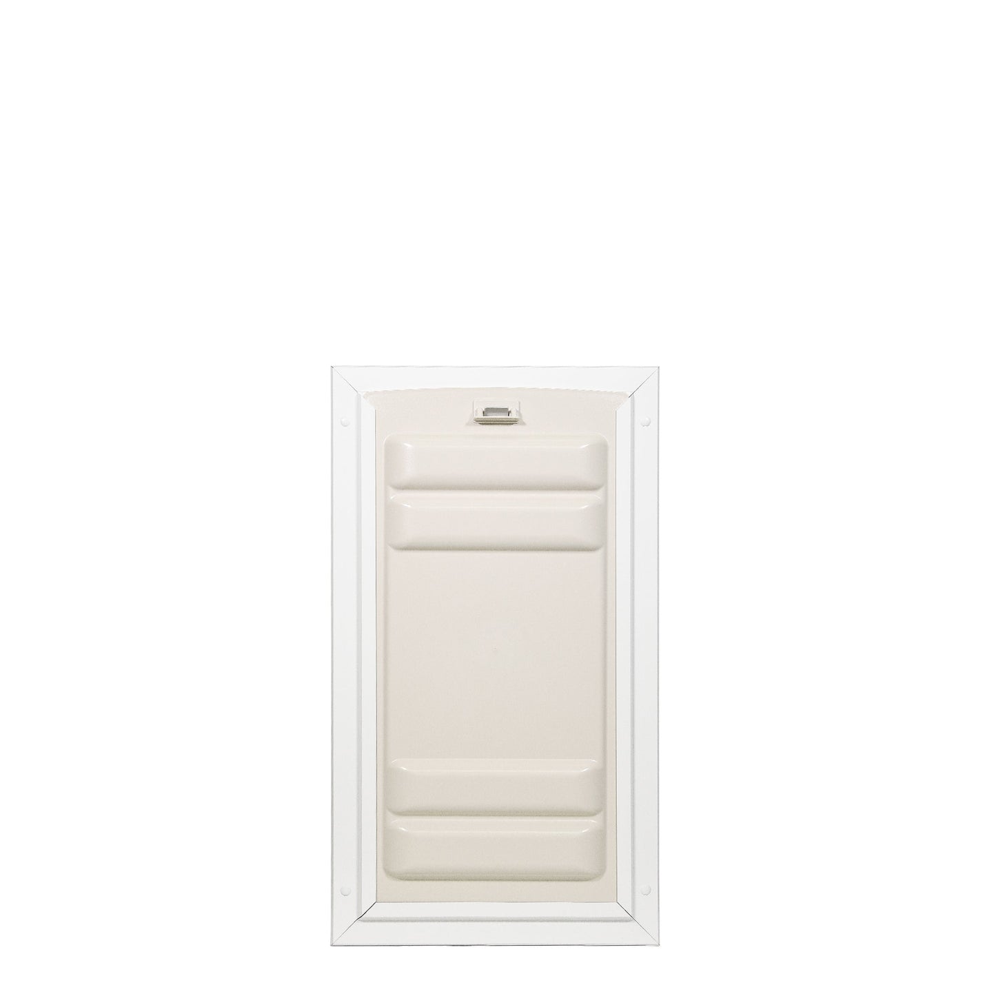 Beige pet door with a white frame on a white background.