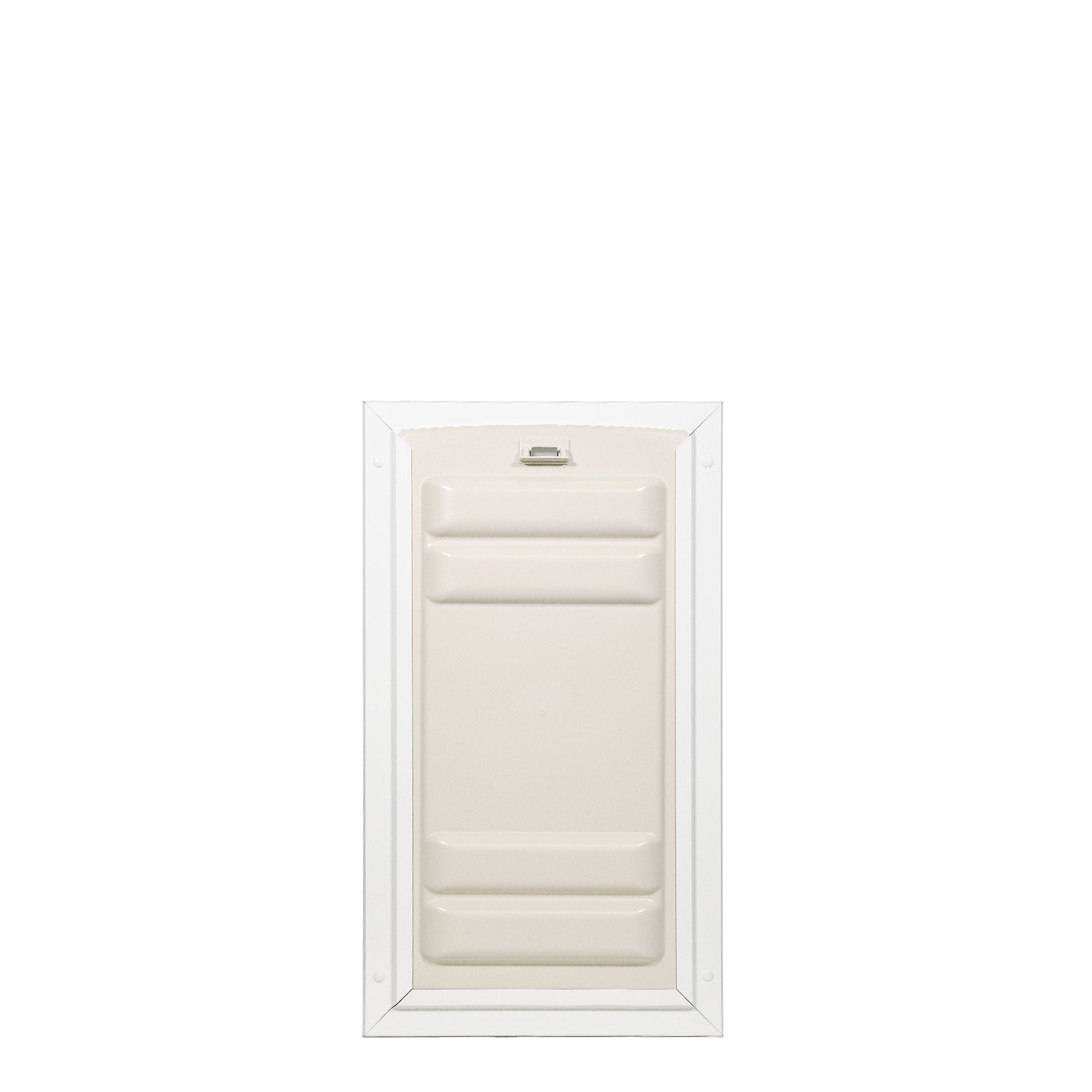 Beige pet door with a white frame on a white background.