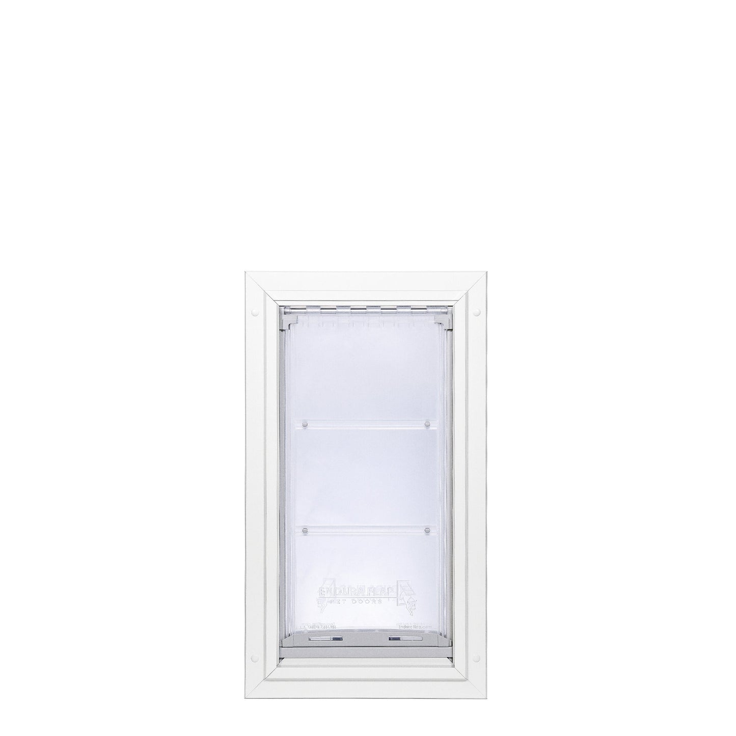 A white-framed pet door with a clear flap.