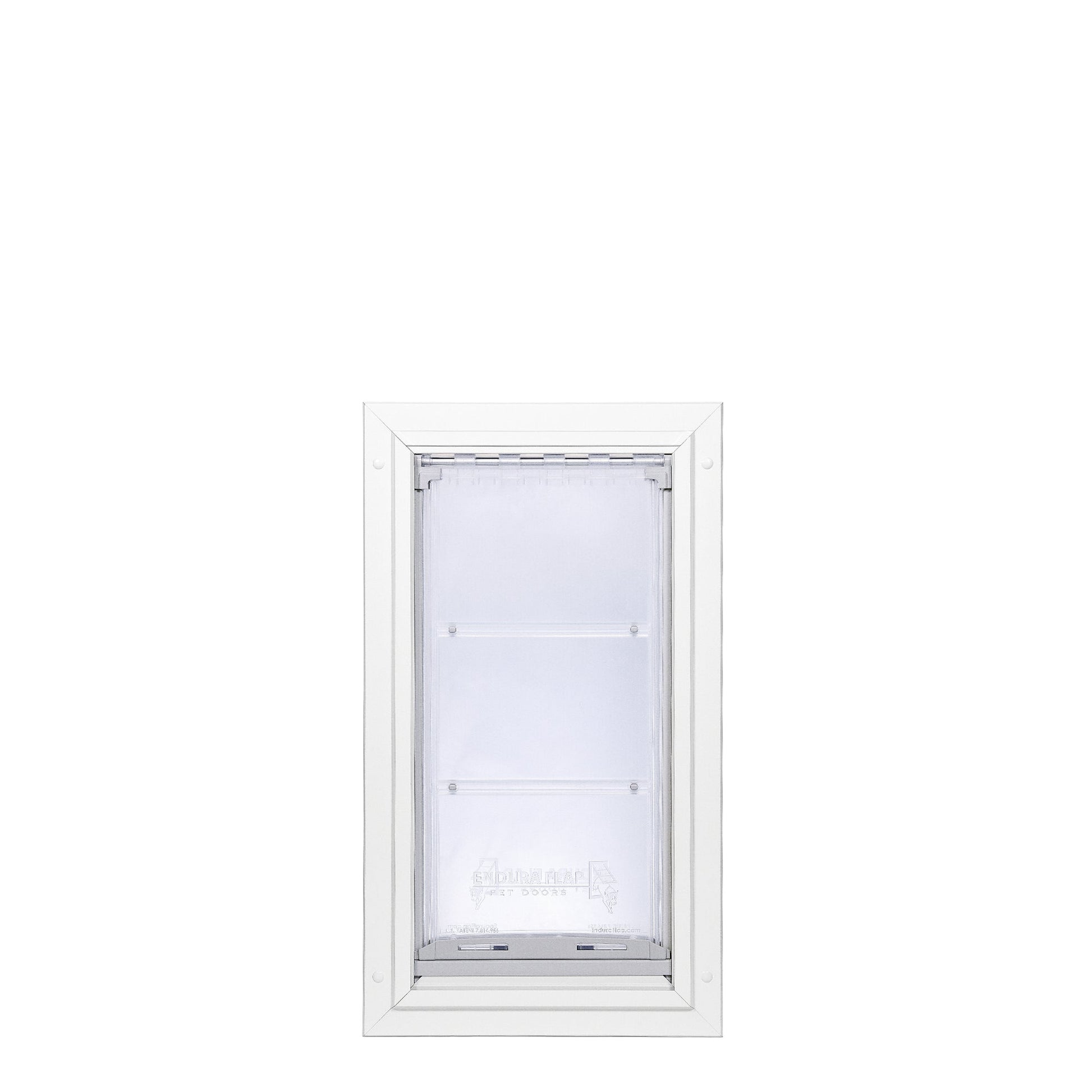 A white-framed pet door with a clear flap.