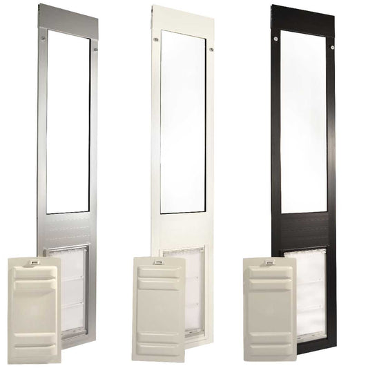 Three sliding glass door pet doors in silver, white, and black.