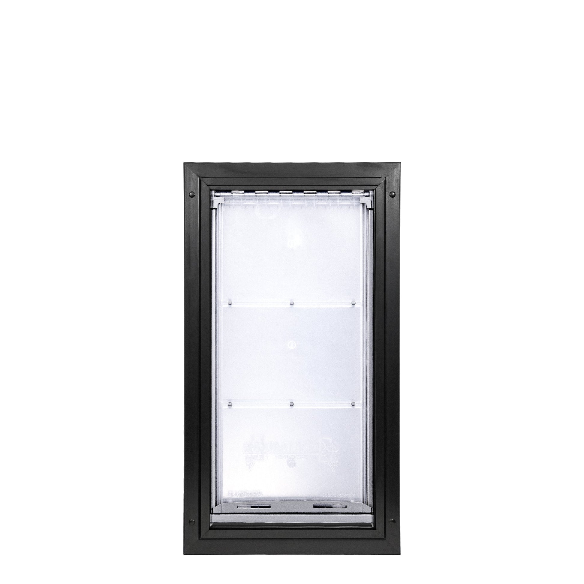 Black-framed pet door with clear flap.