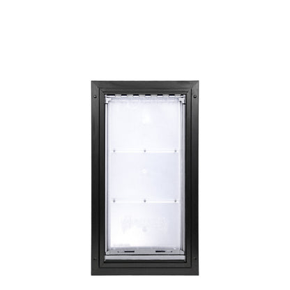 Black-framed pet door with clear flap.