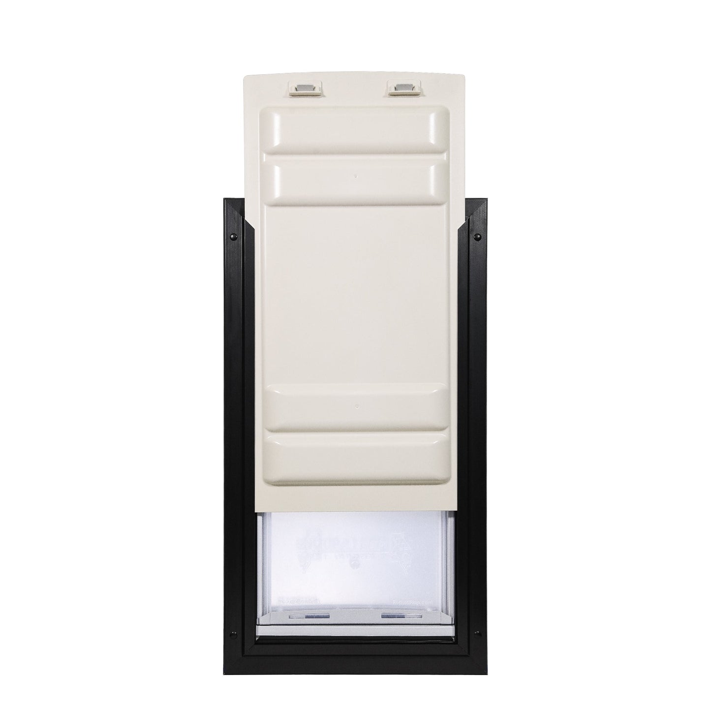 An open pet door with a black frame and a creamy-white flap.