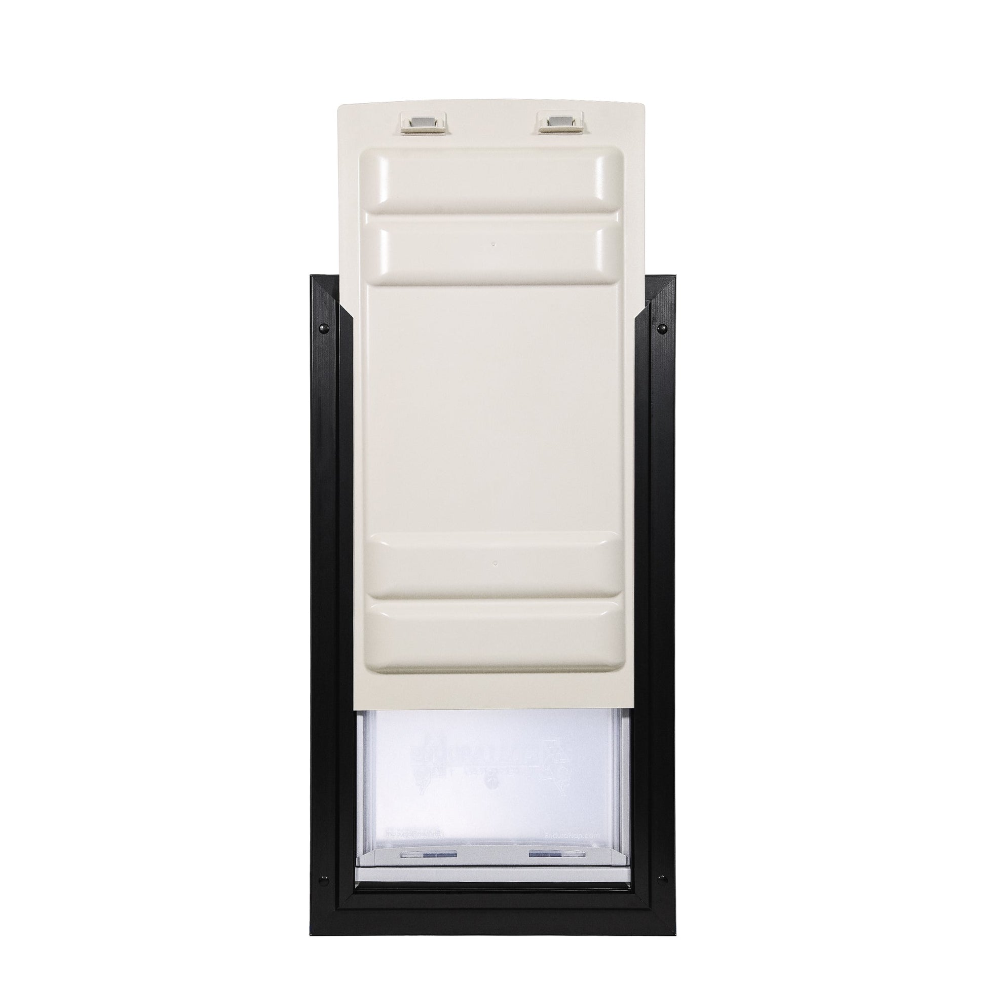 An open pet door with a black frame and a creamy-white flap.