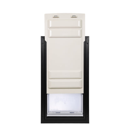 An open pet door with a black frame and a creamy-white flap.
