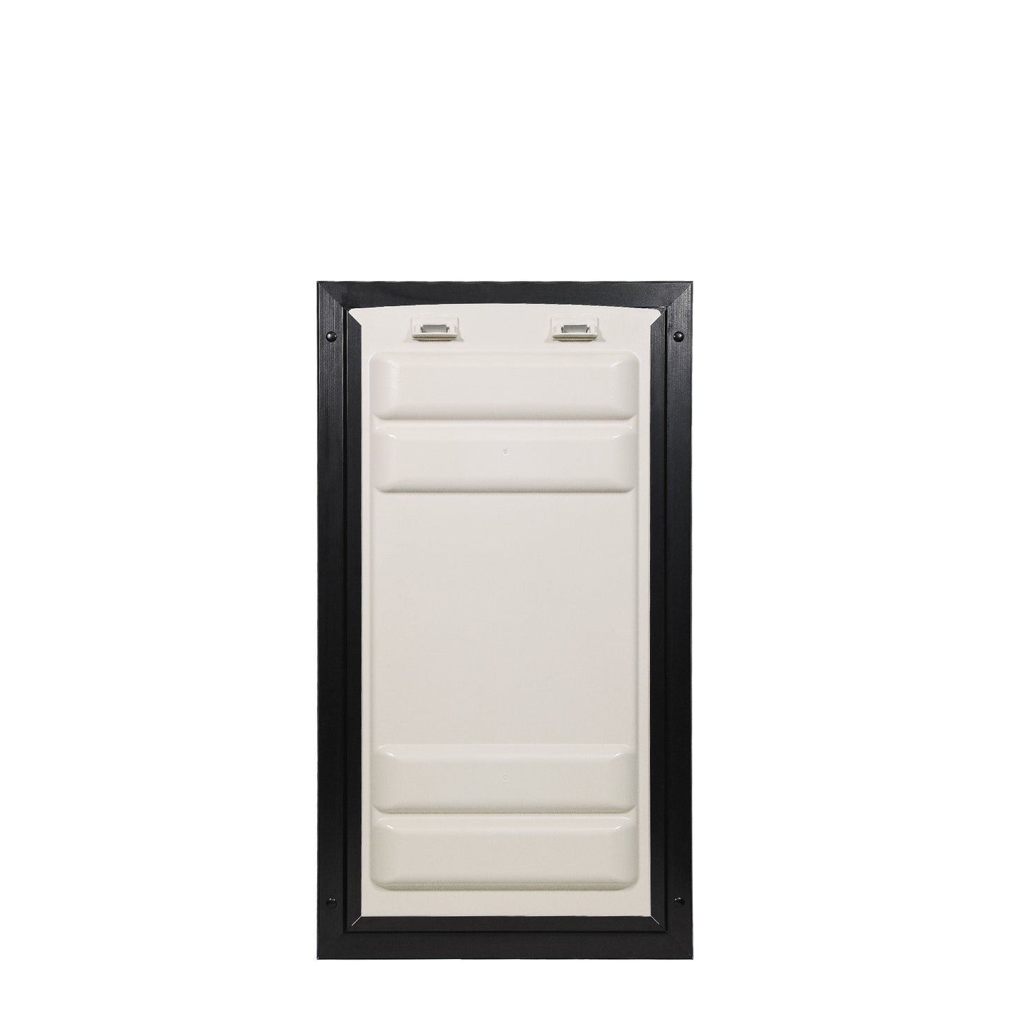 Rectangular pet door with a black frame and an off-white panel.