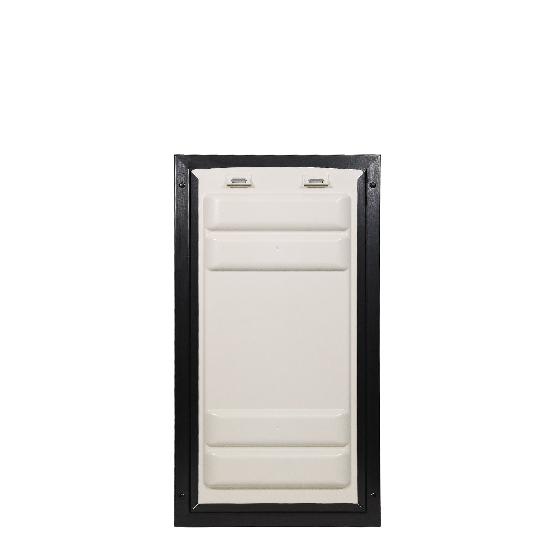 Rectangular pet door with a black frame and an off-white panel.