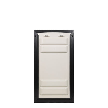 Rectangular pet door with a black frame and an off-white panel.