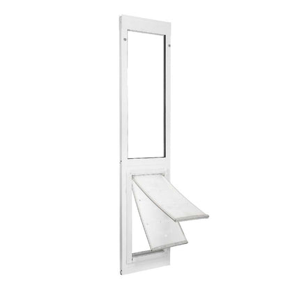 White pet door insert for a sliding glass door.