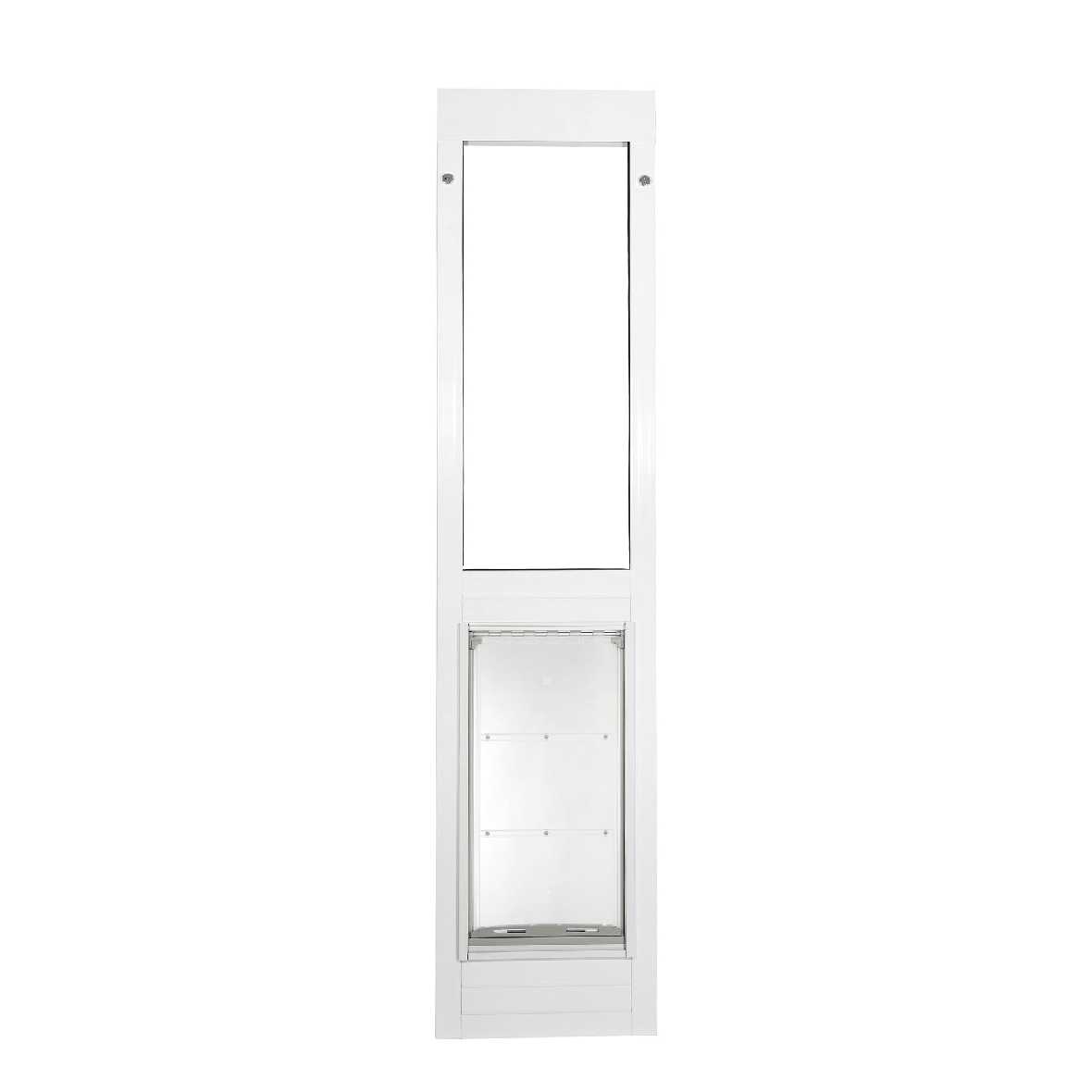 A white sliding glass door insert with a pet door.