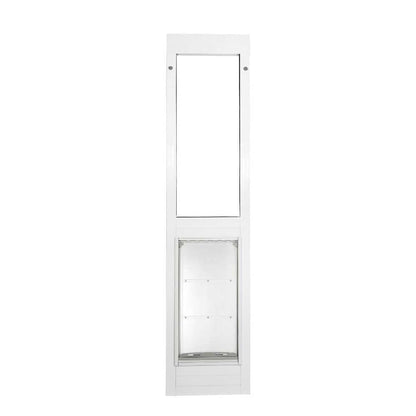 A white sliding glass door insert with a pet door.
