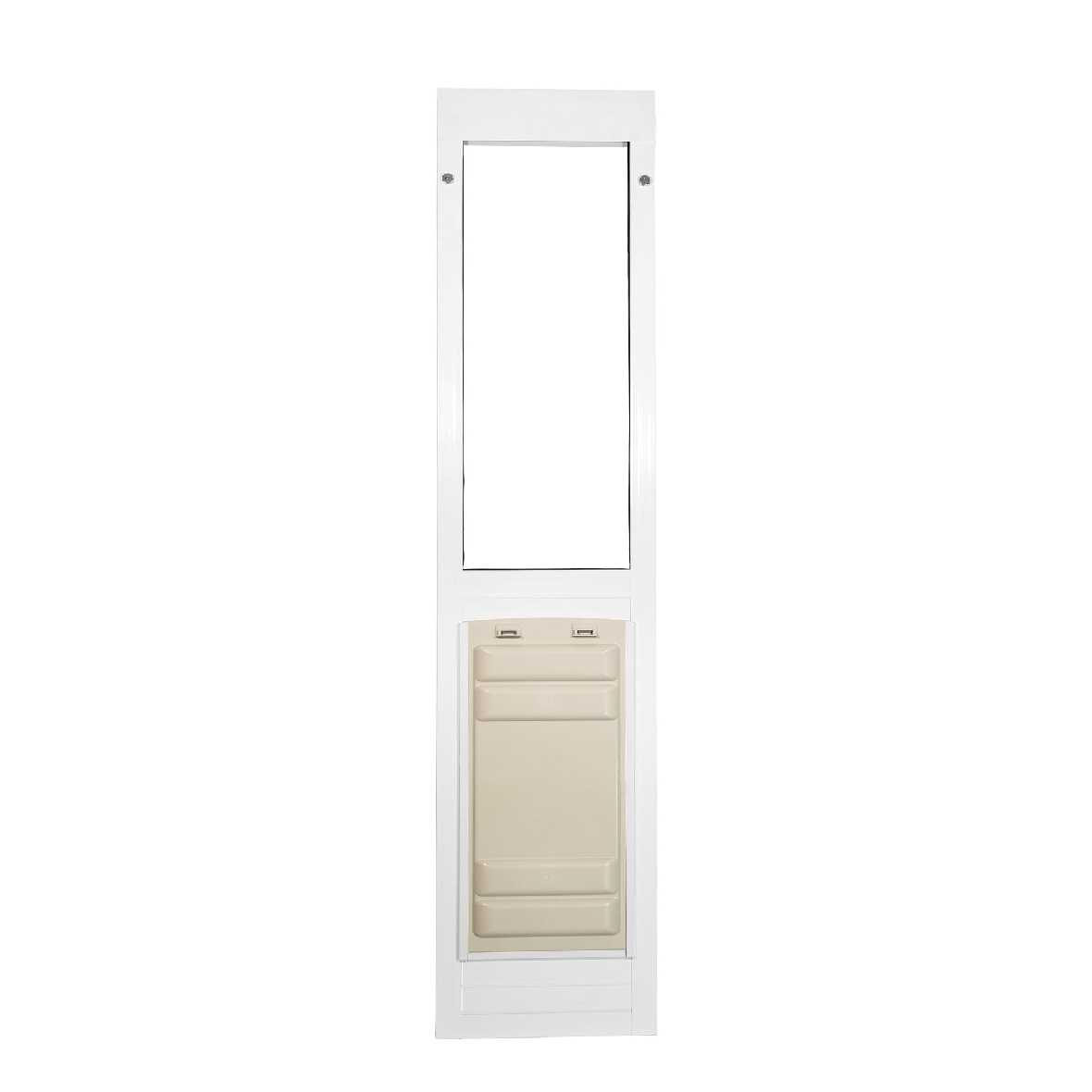 A white-framed sliding glass door insert with a dog door.