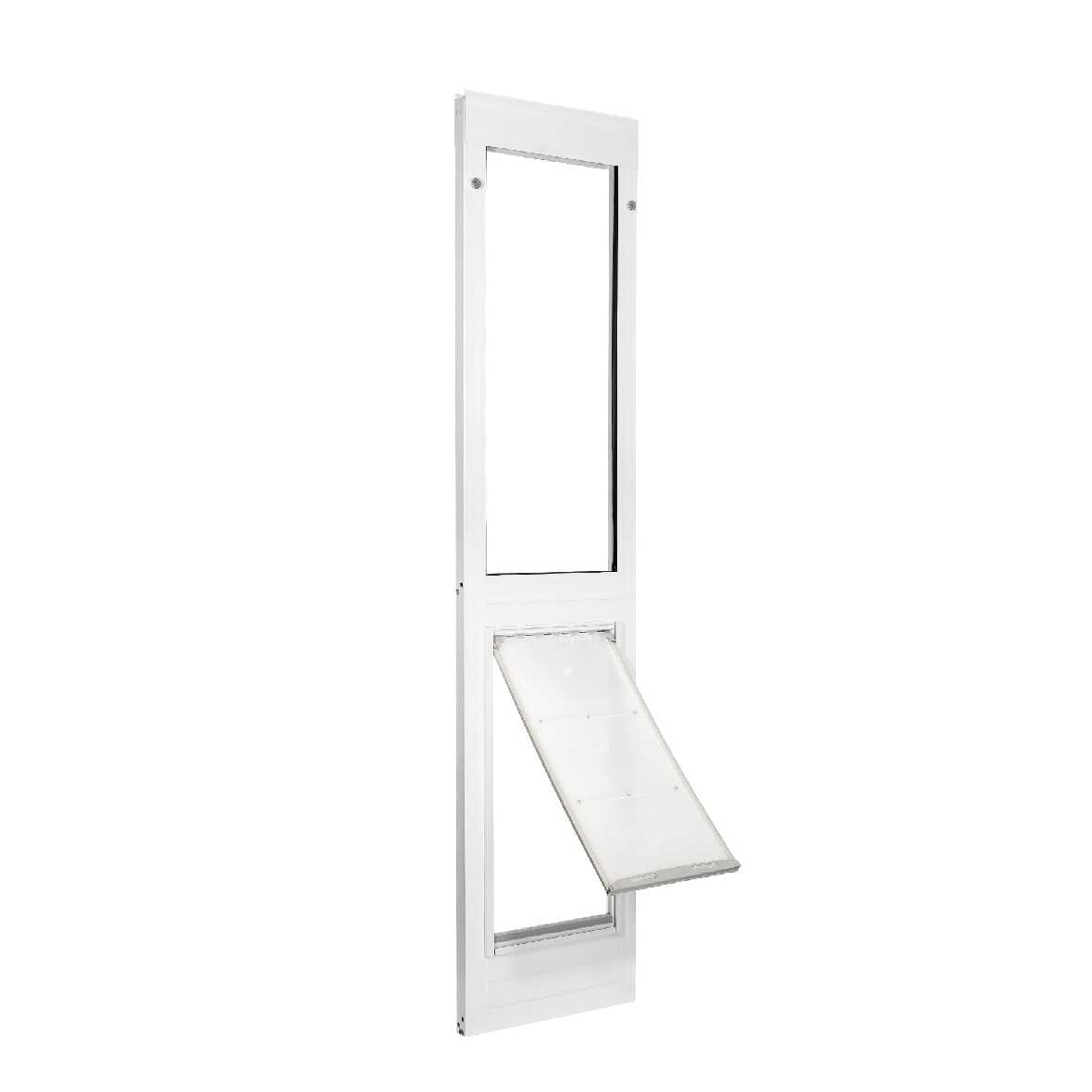 A white frame with a pet door and a window above.