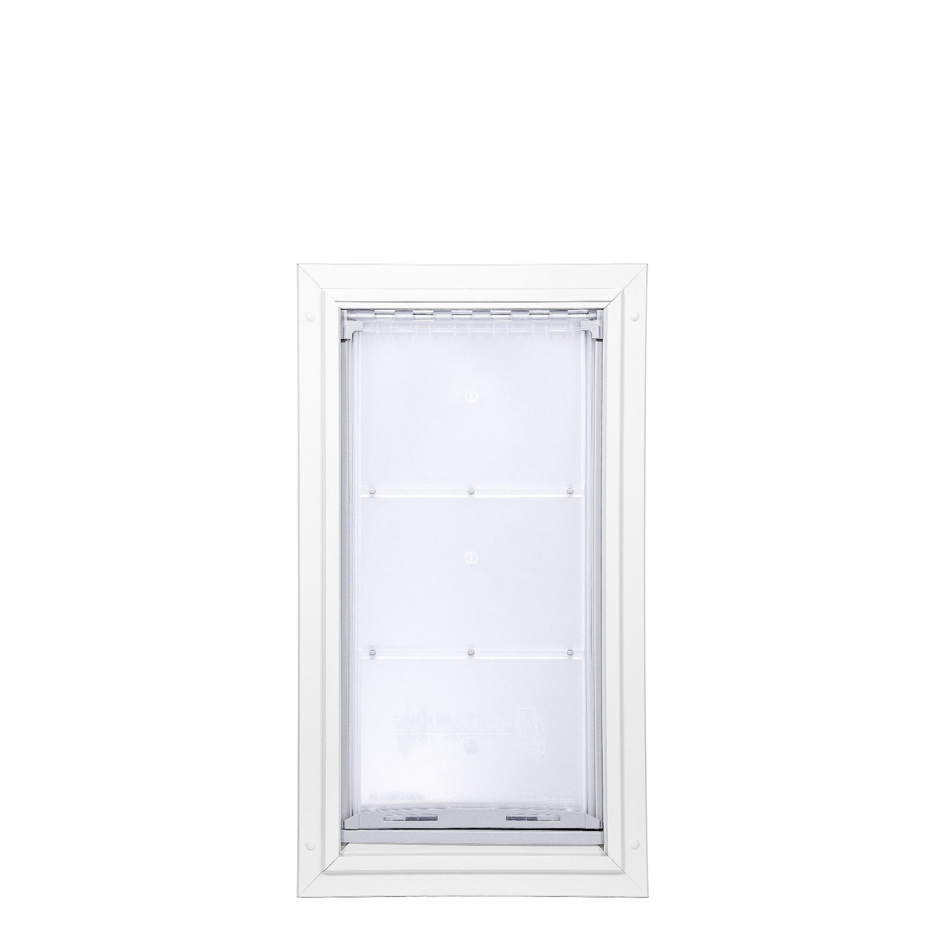 White framed pet door with a clear flexible flap.