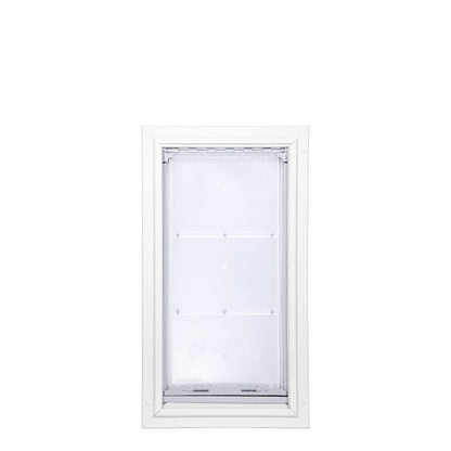 White framed pet door with a clear flexible flap.