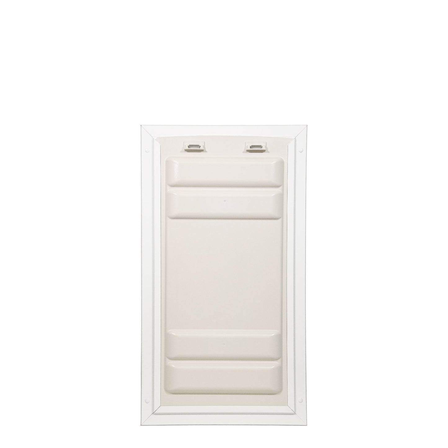 A closed, off-white pet door within a white frame.